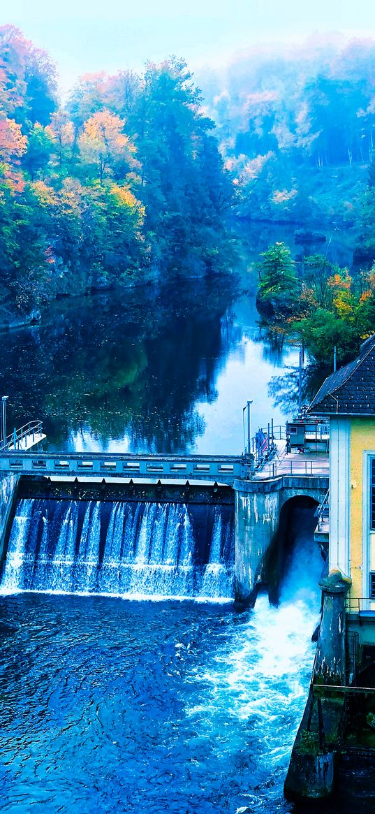 dam, waterfall, river, house, trees, forest, nature