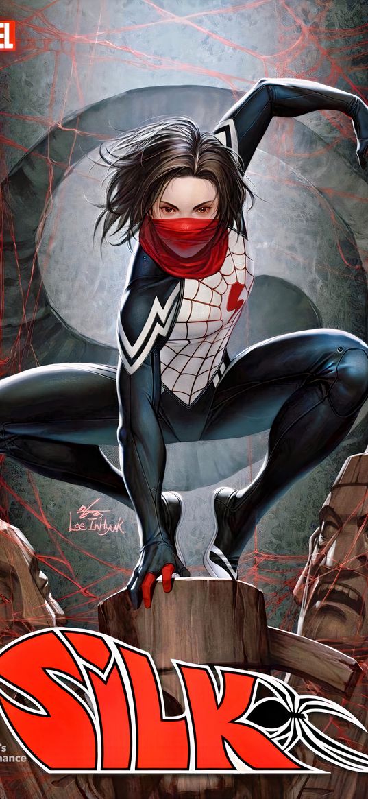 silk, spider-man, spiderman, superhero, marvel, girl, mask, web, yin yang, idols, art