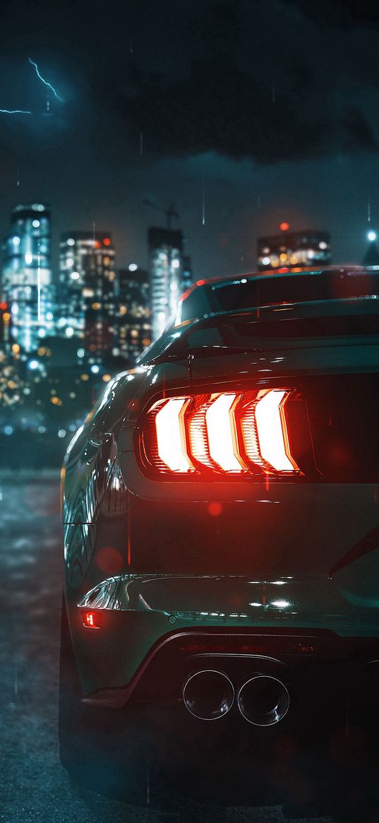 ford mustang, ford, sports car, car, skyscrapers, city, rain, thunderstorm, night