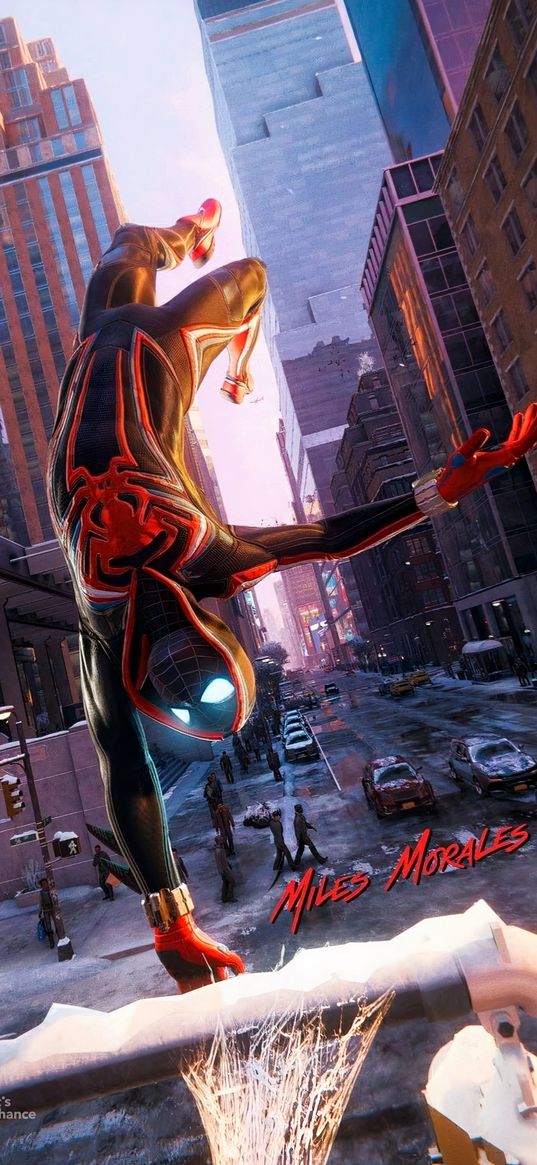 miles morales, spider-man, spiderman, superhero, marvel, web, jump, street, skyscrapers, city, art