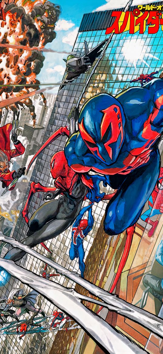 spider-man 2099, spider-man, spiderman, multiverse, spiderverse, superheroes, marvel, skyscraper, explosion, villains, battle, comic, poster, art