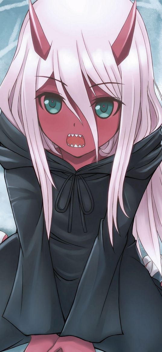 zero two, darling in the franxx, anime, girl, pink hair, horns, black hoodie, art