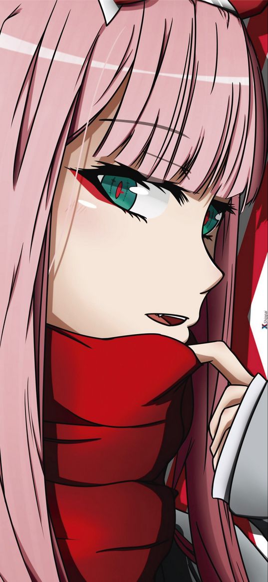 zero two, darling in the franxx, anime, girl, pink hair, horns, green eyes, scarf, art