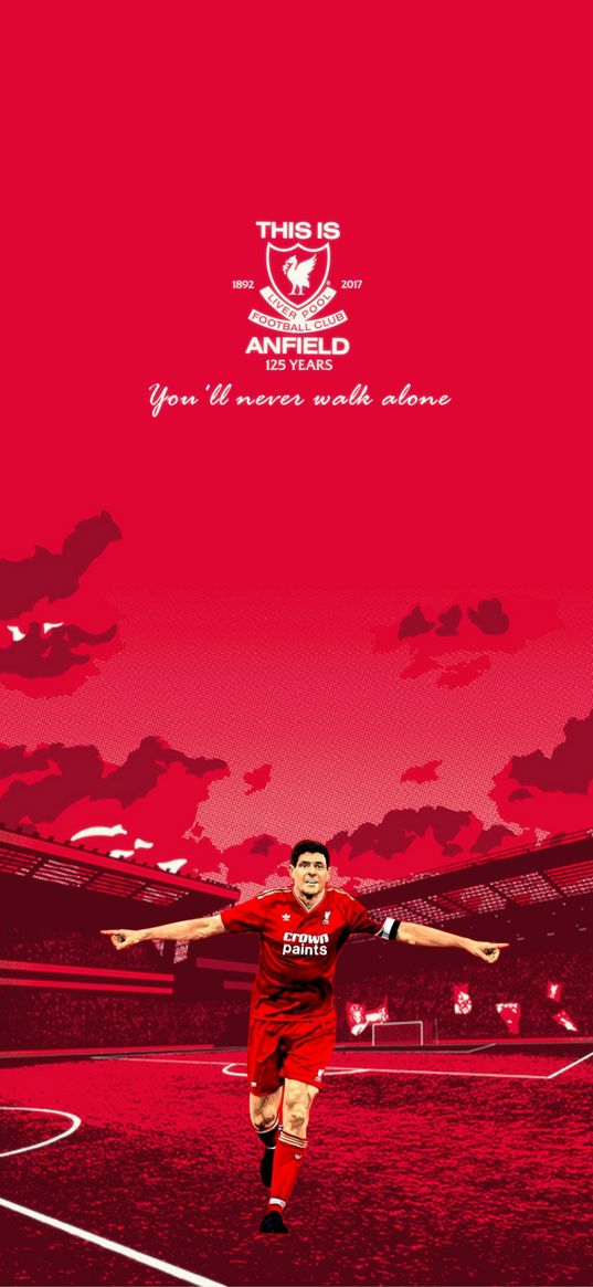 steven gerrard, footballer, football, liverpool, stadium, text, quote, you'll never walk alone, red background, art