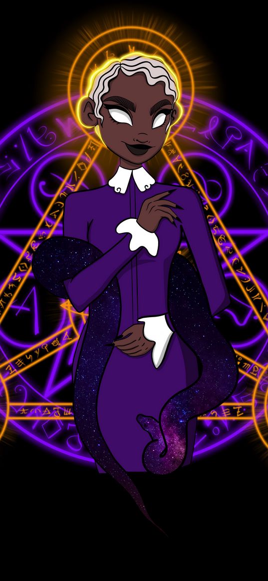 witch, snake, hieroglyphs, magic, purple, black background, art