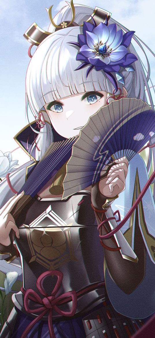 kamisato ayaka, genshin impact, game, anime, girl, fan, armor, flowers, beautiful, cute, art