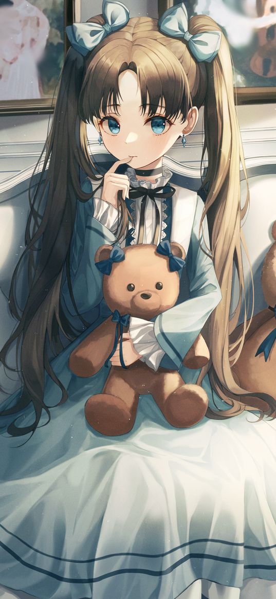 girl, dress, bears, blue eyes, beautiful, cute, paintings, anime, art