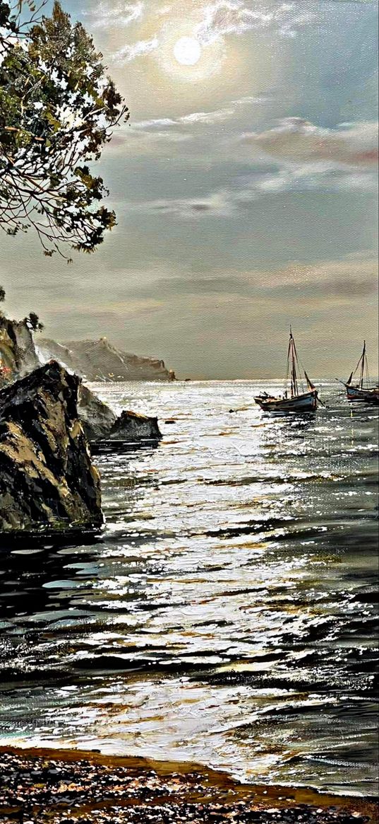 landscape, sea, ships, sun, picture, paints