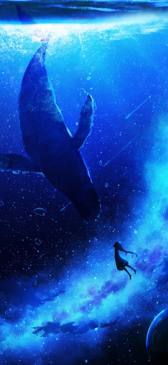 girl, anime, art, whale, underwater, space