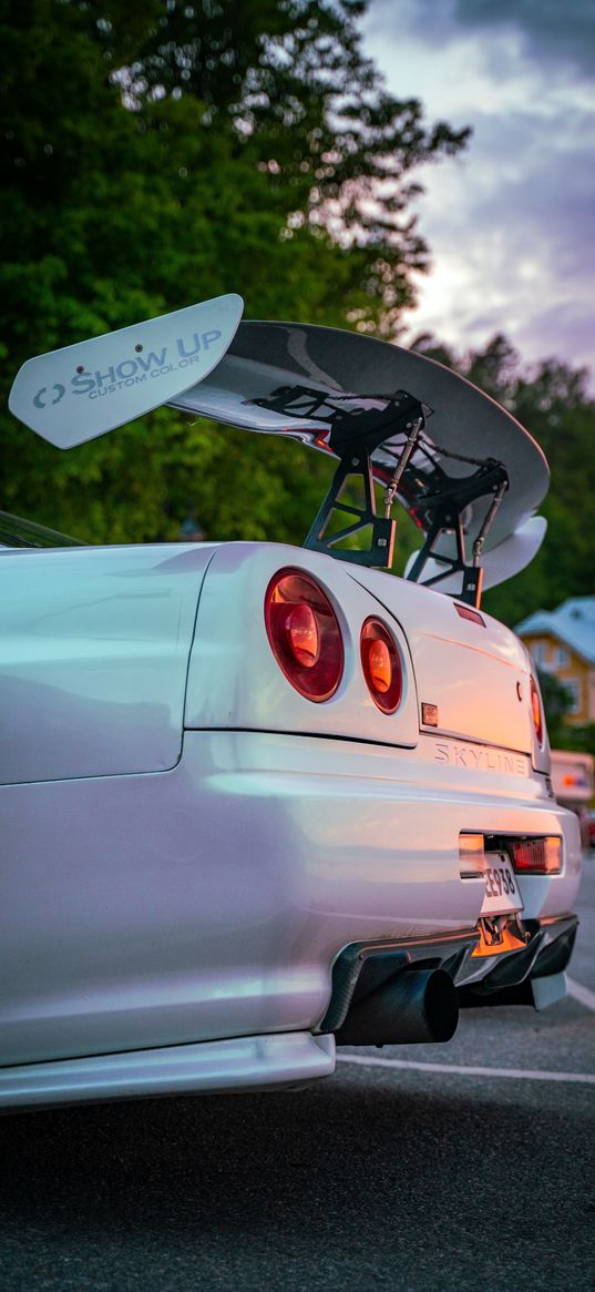 nissan skyline, nissan, sports car, car, white, spoiler, tuning, street