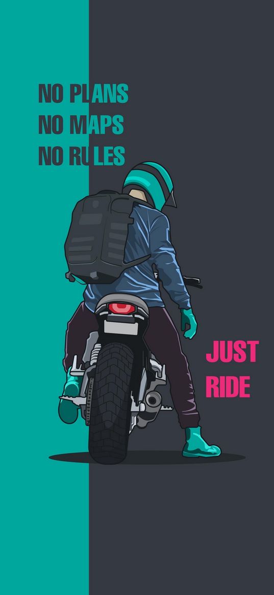 motorcycle, bike, biker, text, quote, no plans no maps no rules just ride, gray, green, art