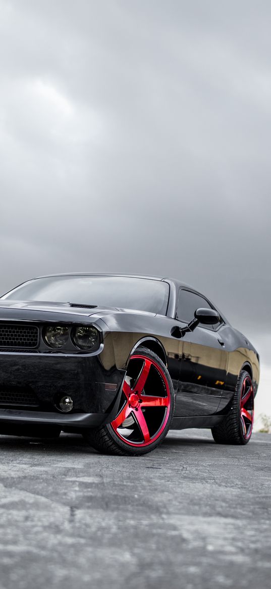 dodge challenger, dodge, car, black, front view, wheel