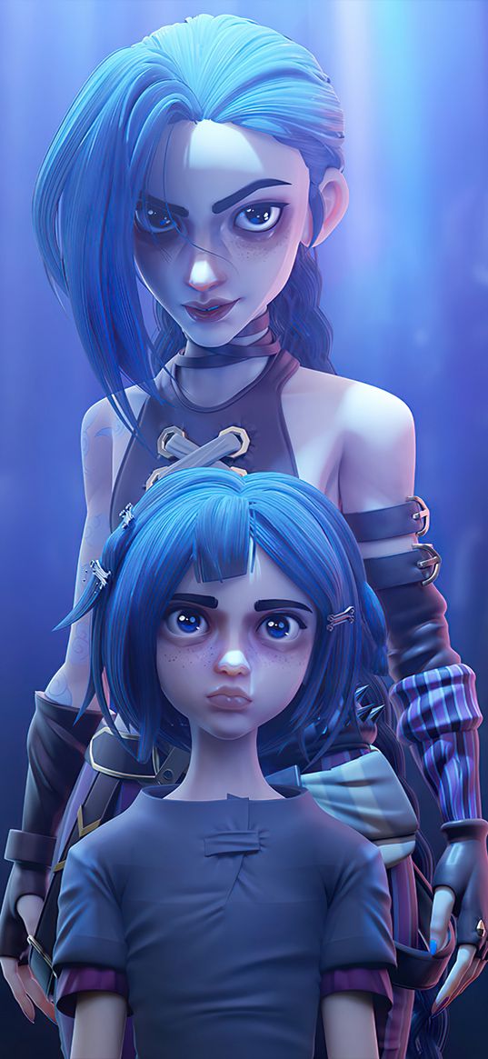 jinx, league of legends, arcane, cartoon, girl, girlie, blue hair, light, art