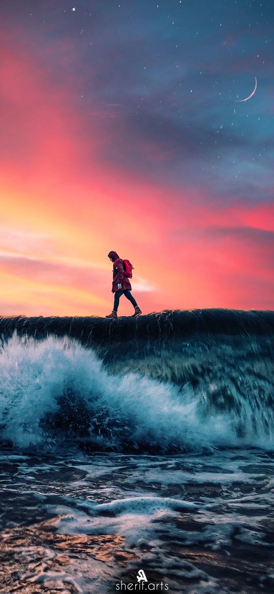 man, walking, wave, sea, moon, sunset, clouds, stars, nature