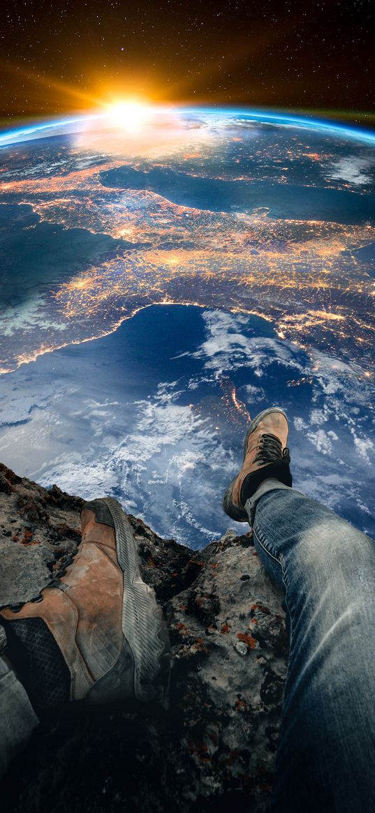 planet, earth, feet, shoes, man, horizon, sun, stars, space