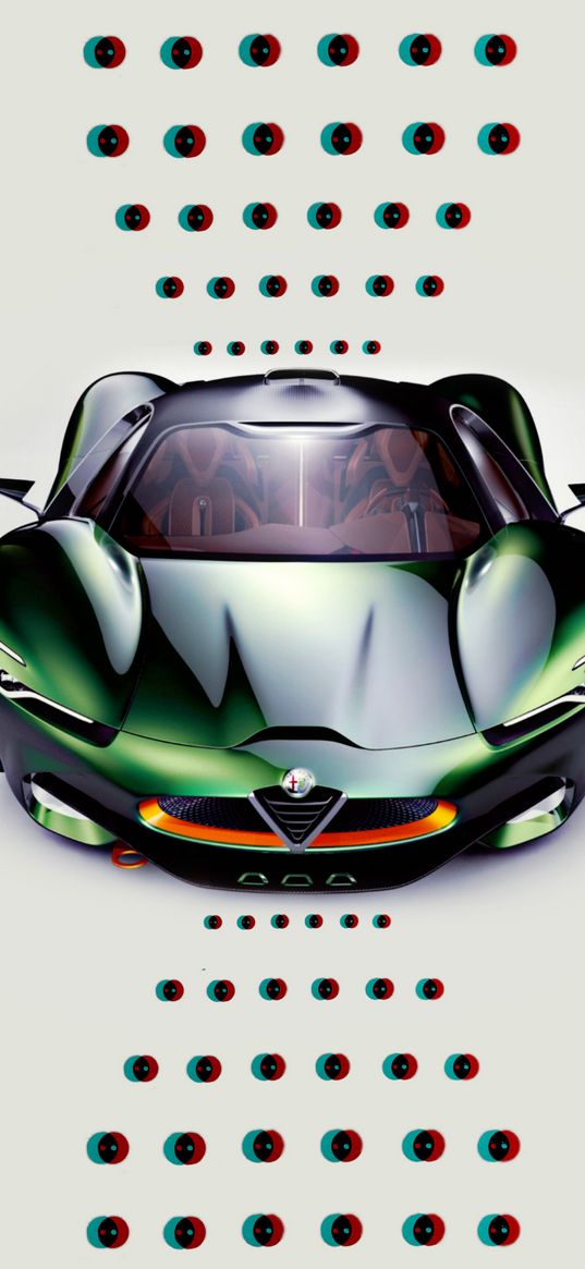 alfa romeo, sports car, car, green, dots, illusion, digital art