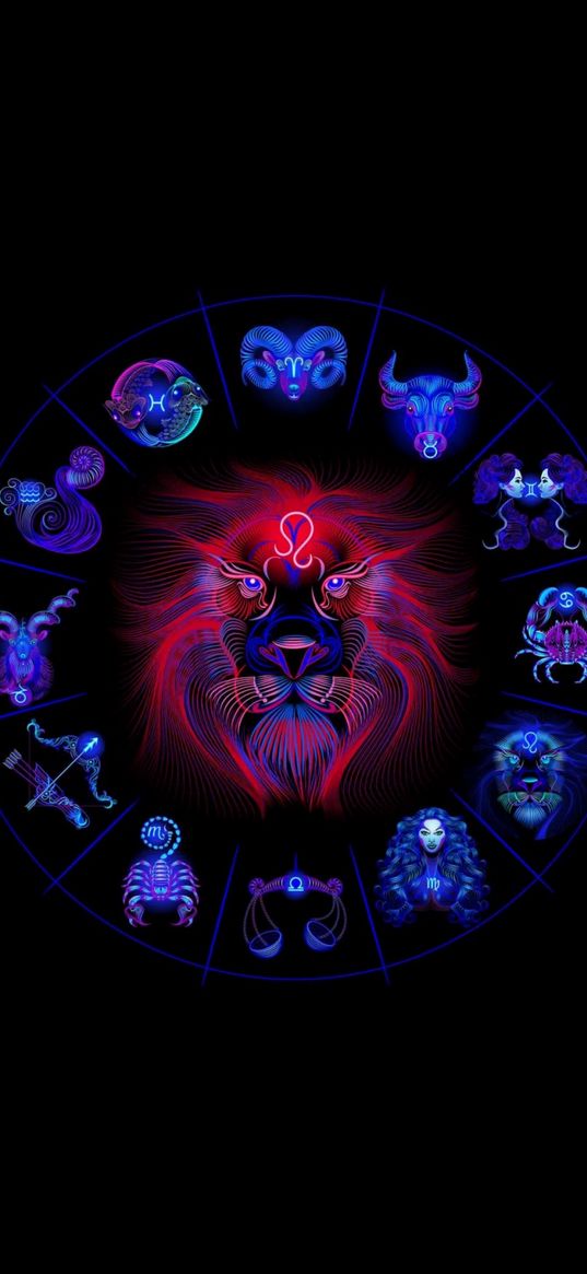 lion, predator, zodiac signs, horoscope, circle, neon, black background, art