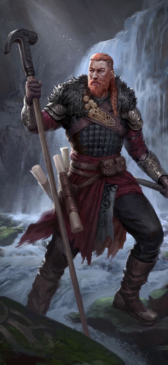 vikings, waterfall, red, art