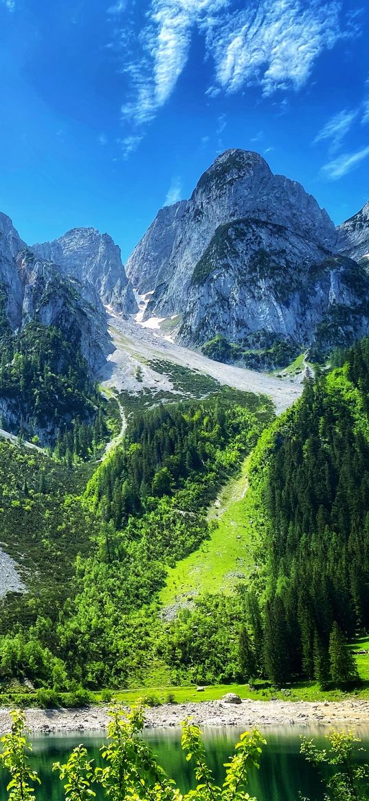 lake, mountains, trees, greenery, nature