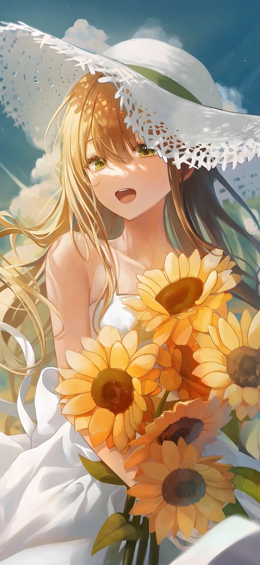 girl, anime, art, dress, hat, sunflowers, flowers