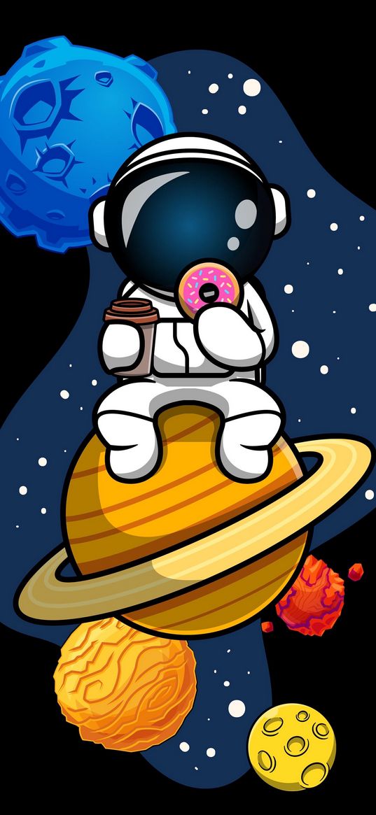 astronaut, cosmonaut, planets, donut, cup, coffee, art