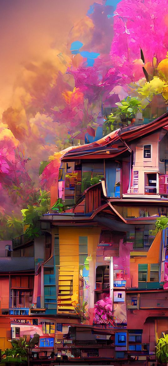 home, colourful, trees, sky, art