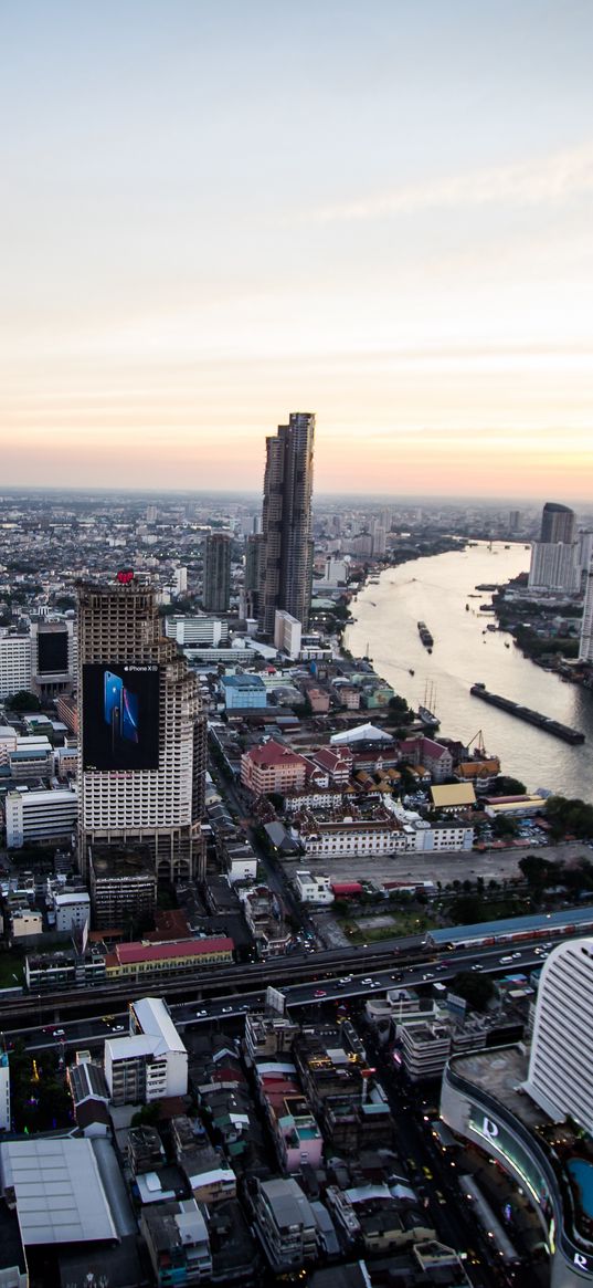 buildings, houses, streets, river, city, sunrise