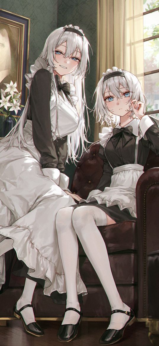 maids, girls, blue eyes, beautiful, cute, armchair, room, anime, art