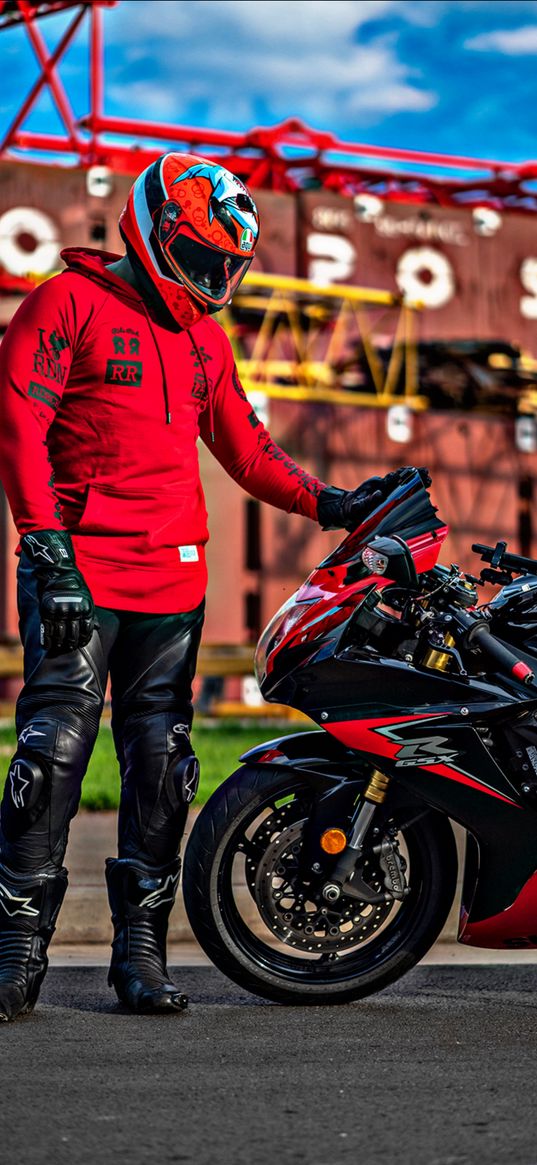 motorcycle, bike, biker, helmet, black, red