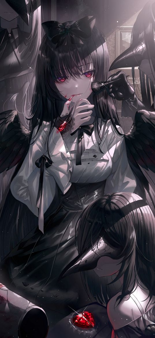 girl, vampire, raven, anime, art