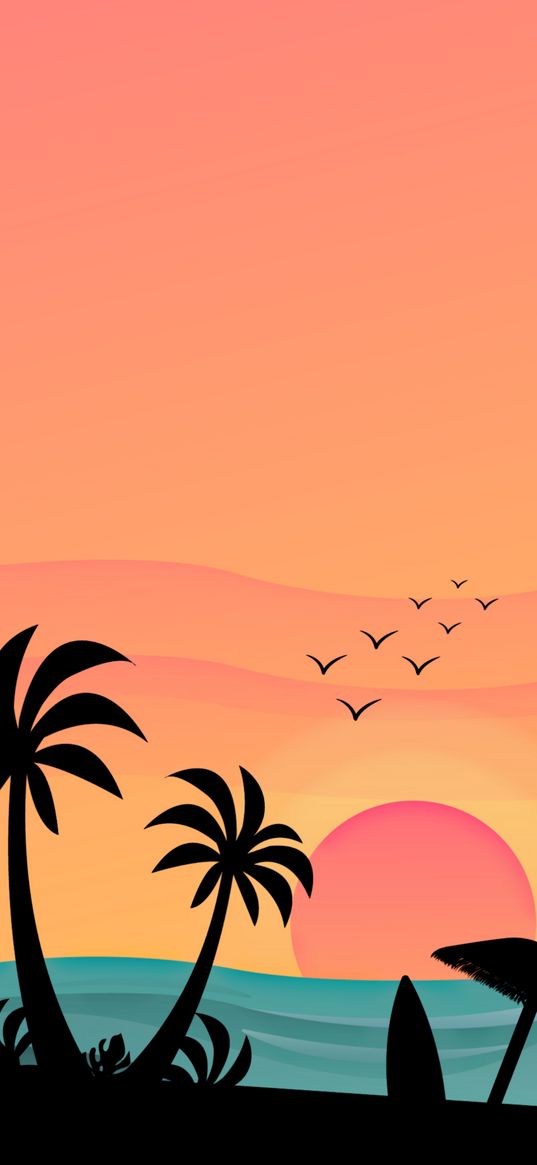 palm trees, sea, sun, figure, digital art