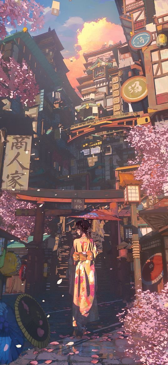 girl, kimono, sakura, city, anime, art