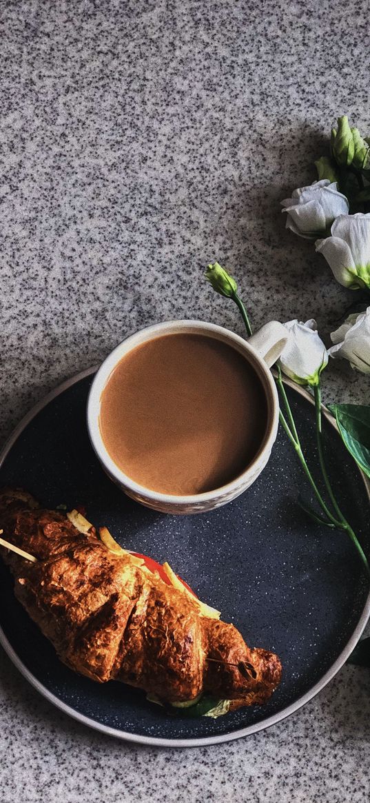 coffee, breakfast, croissant