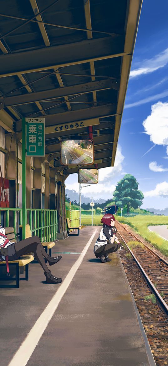 texas, exusiai, arknights, game, anime, girls, station, railway, clouds, summer, art