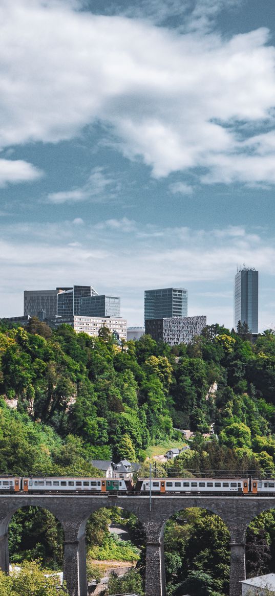 railroad, train, buildings, trees, city