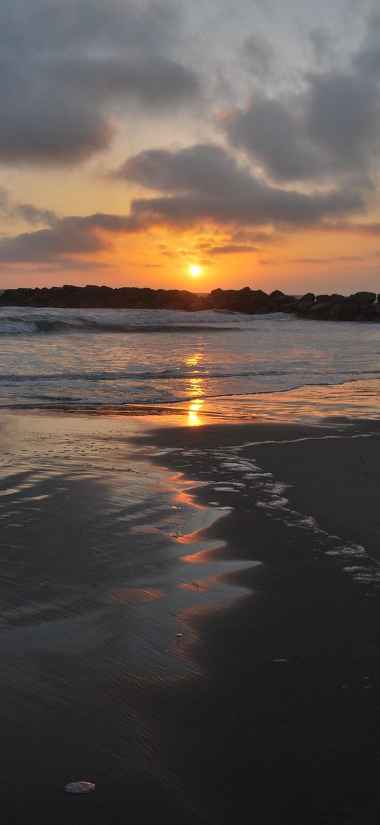 coast, sand, sea, waves, sunrise