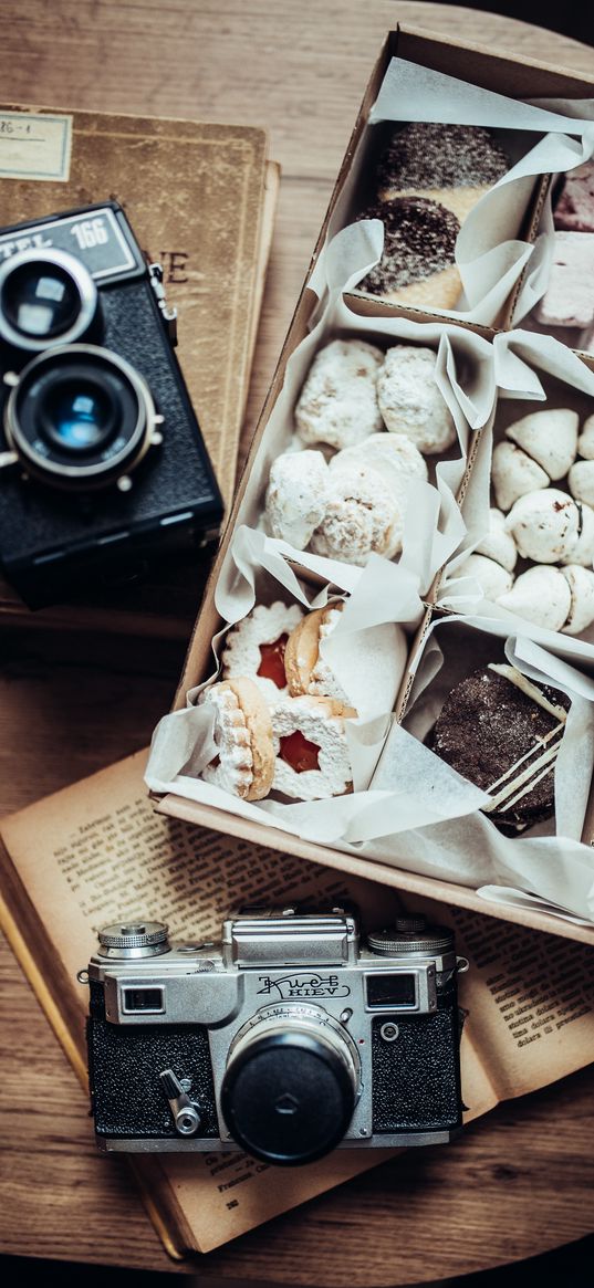 book, camera, cookies, table, retro