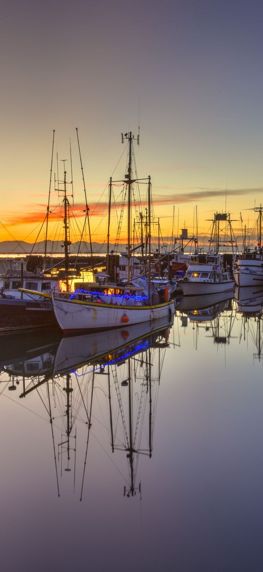 boats, masts, lake, reflection, sunrise