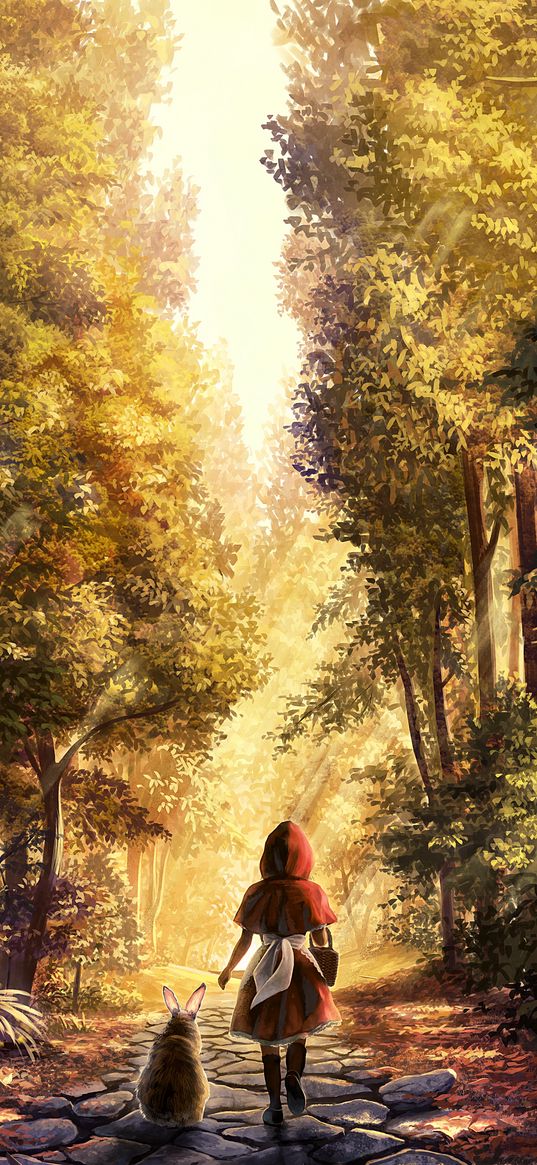 little red riding hood, girl, rabbit, anime, art