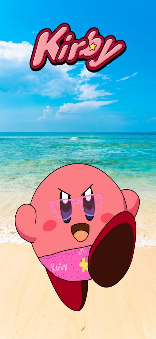 kirby, character, sea, beach, sand, inscription, art