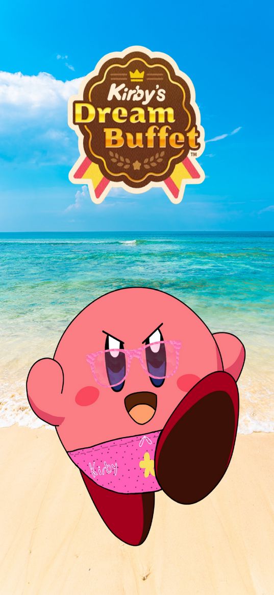 kirby, kirby dream buffet, character, sea, sand, beach, art