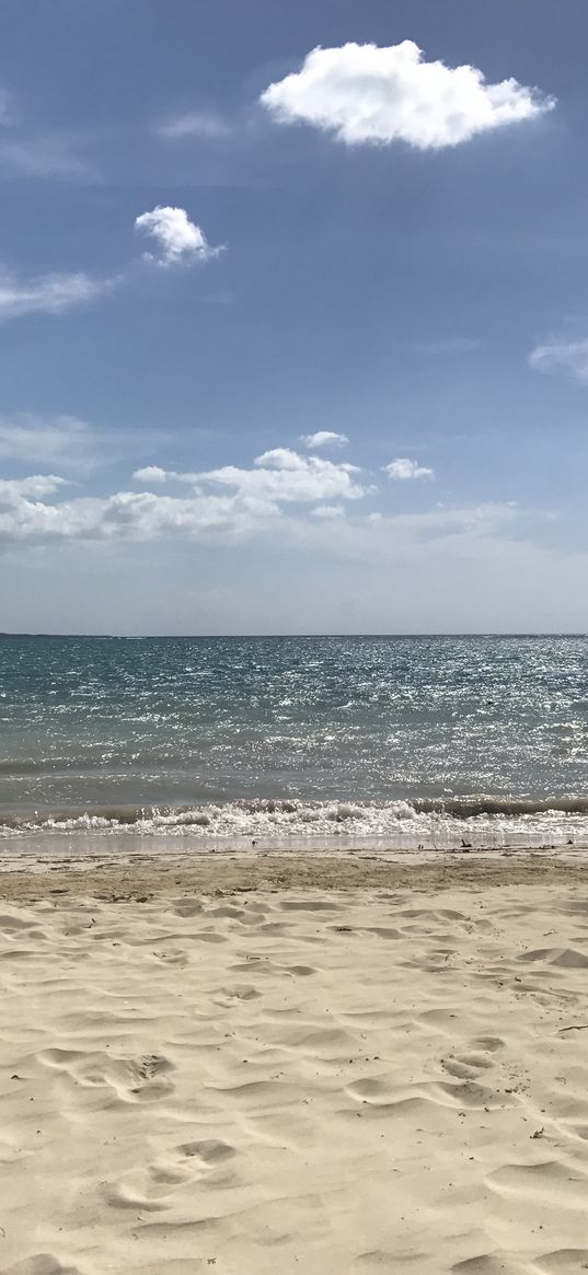sea, waves, beach, sand, footprints, blue sky
