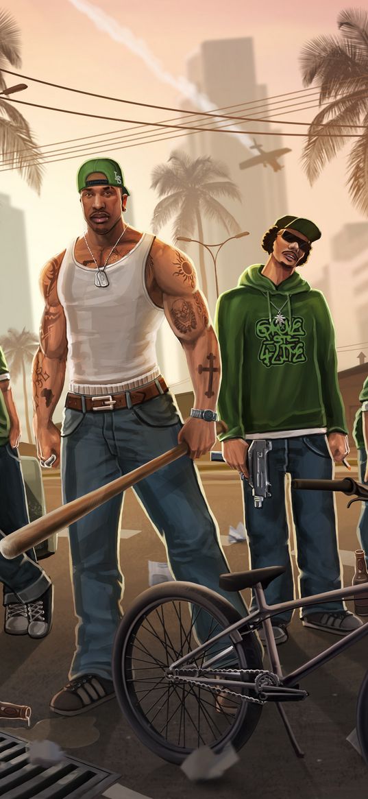 carl johnson, cj, gta, san andreas, characters, grove street, gang, bike, street, palm trees, city, art