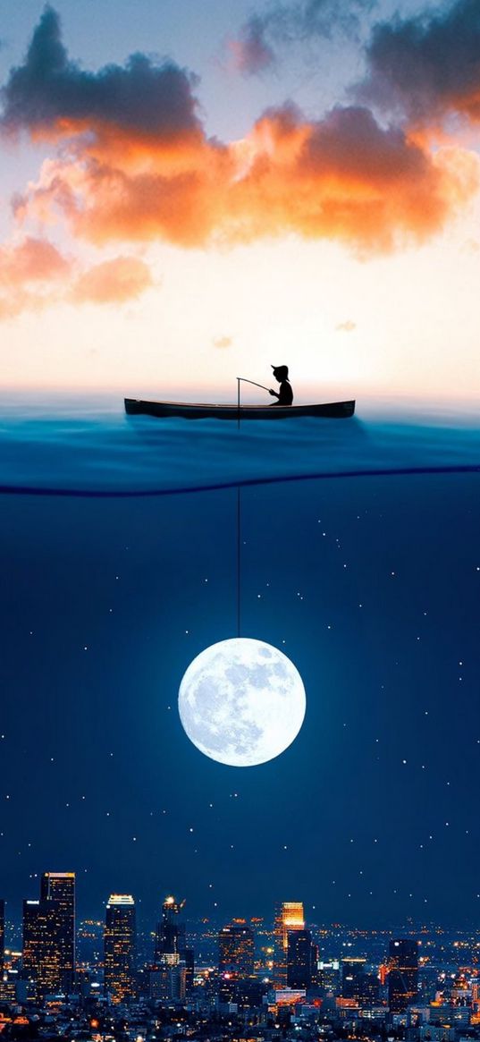 fisherman, lake, moon, skyscrapers, city, night, stars, clouds, art