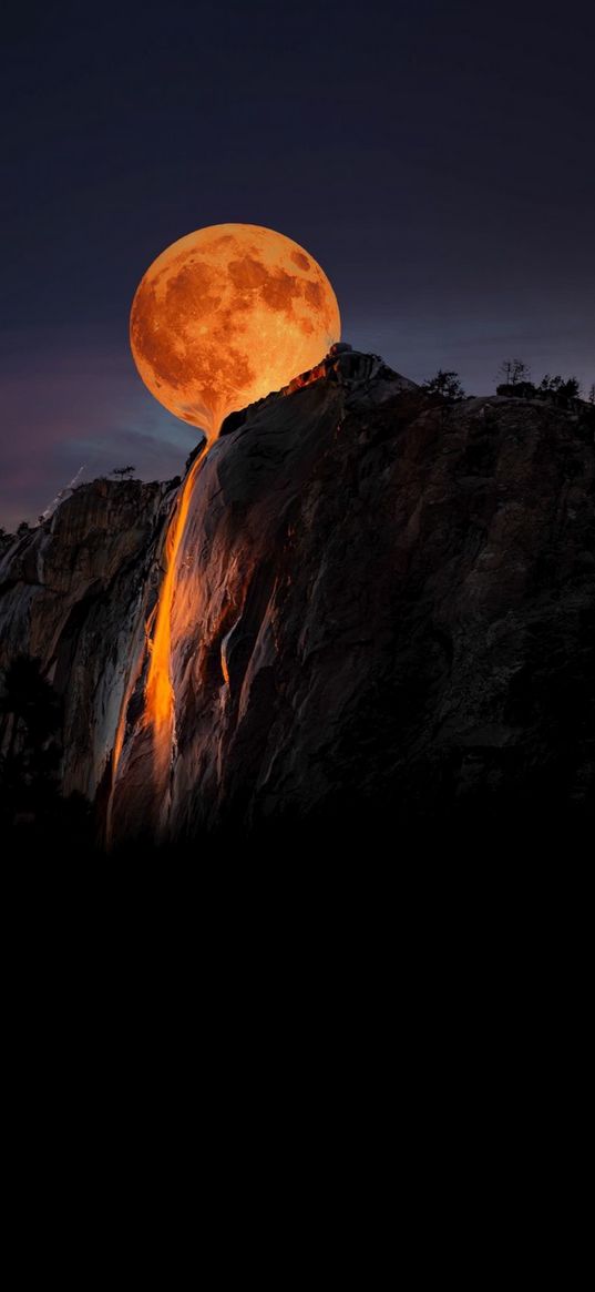 mountain, rock, moon, orange, lava, melting, flowing, night, nature