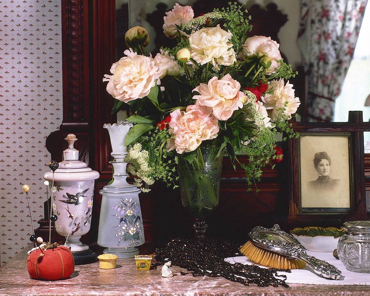 peonies, flowers, bouquet, vase, frame, comb, rarity, antiquity