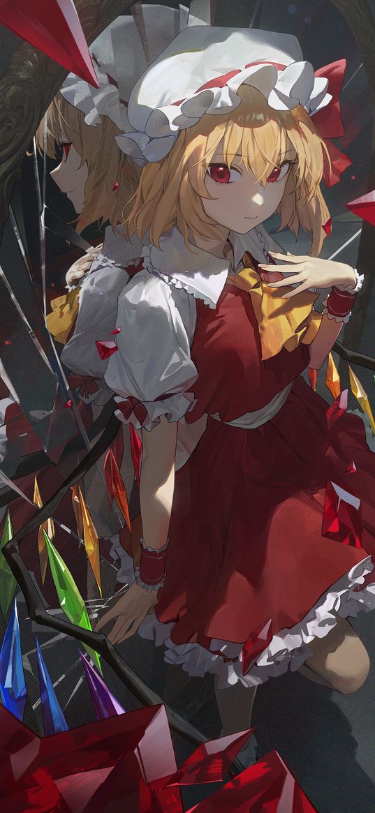 flandre scarlet, touhou, game, anime, girl, red dress, mirror, reflection, crystals, art