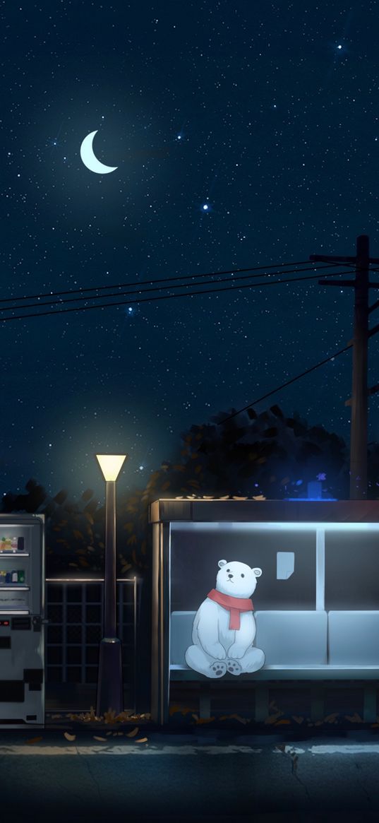 bear, lonely, stop, soda machine, lantern, pole, wires, stars, moon, night, anime, art