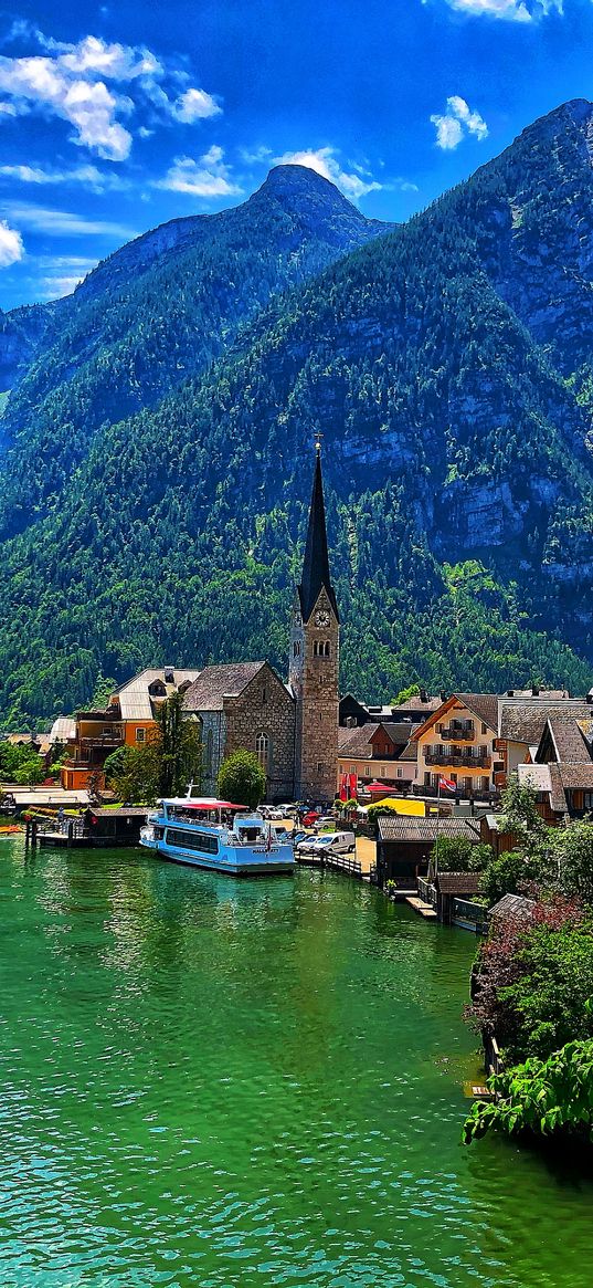 mountains, city, pier, boat, clouds, blue sky, summer, nature