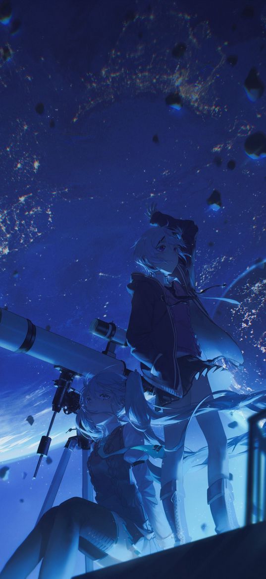 girls, telescope, space, planets, anime, art